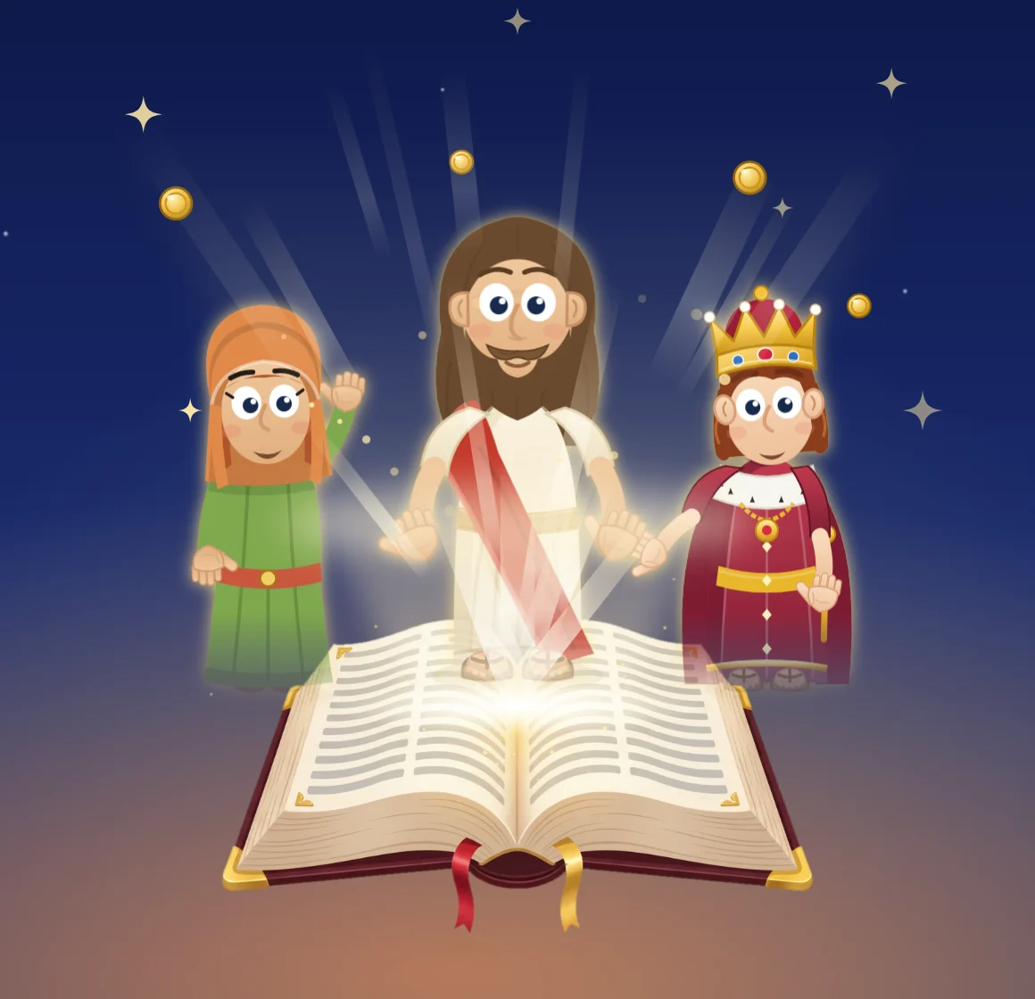 Jesús, Rut y el rey Salomón alrededor de una Biblia abierta que brilla: así son las historias de Zaldito